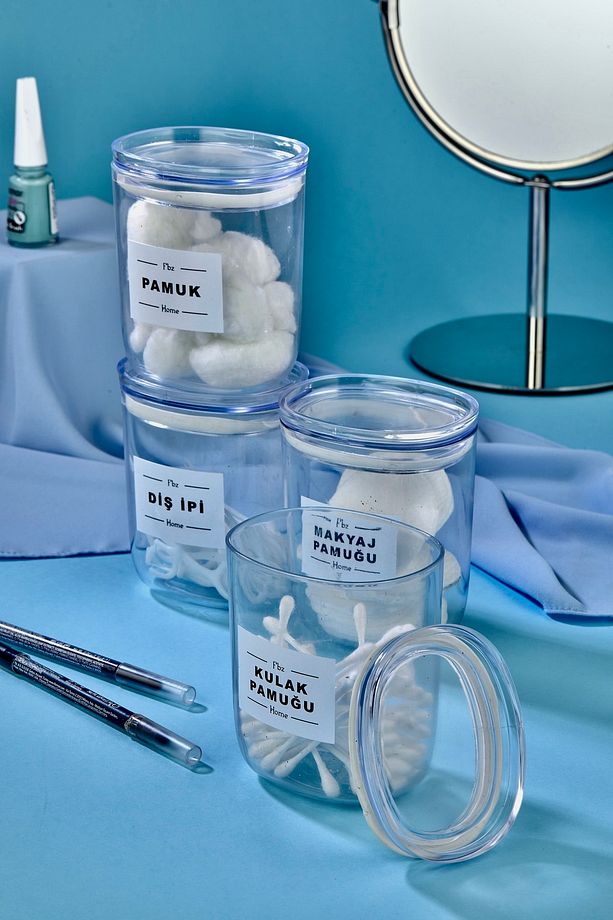 4'lü Dekoratif Kulak Pamuğu & Pamuk & Makyaj Pamuğu & Diş Ipi Saklama Kutusu 400 Ml Akrilik Set - 3