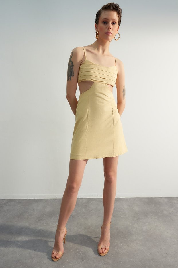 Yellow Ribbing and Window Detailed A-line/Bell Form Mini Woven Linen Blended Dress TWOSS23EL01738