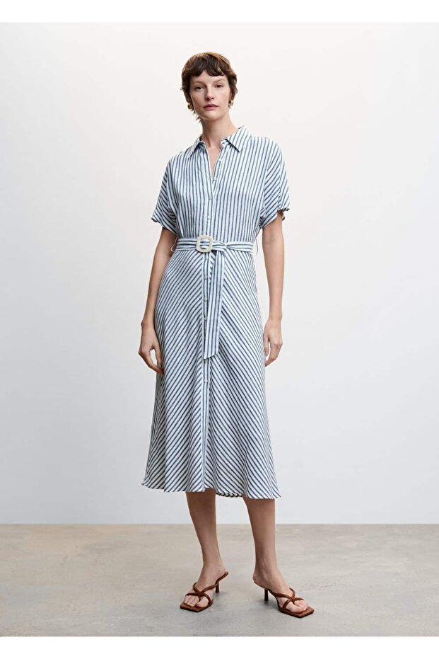 Çizgili Keten Gömlek Elbise - 2