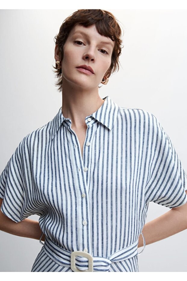 Çizgili Keten Gömlek Elbise - 6