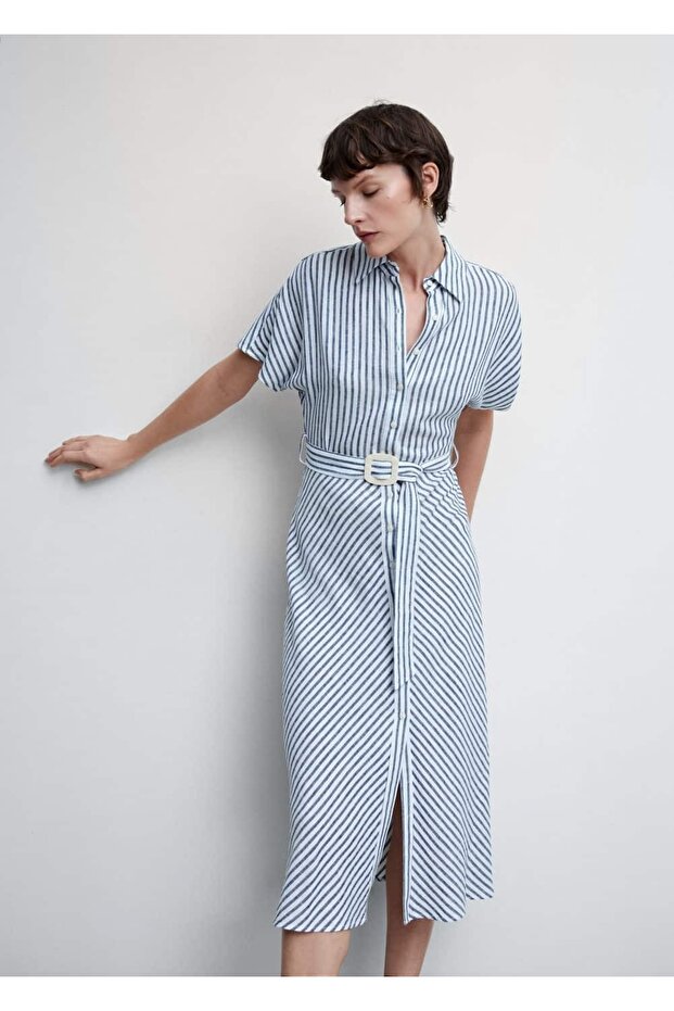 Çizgili Keten Gömlek Elbise - 7