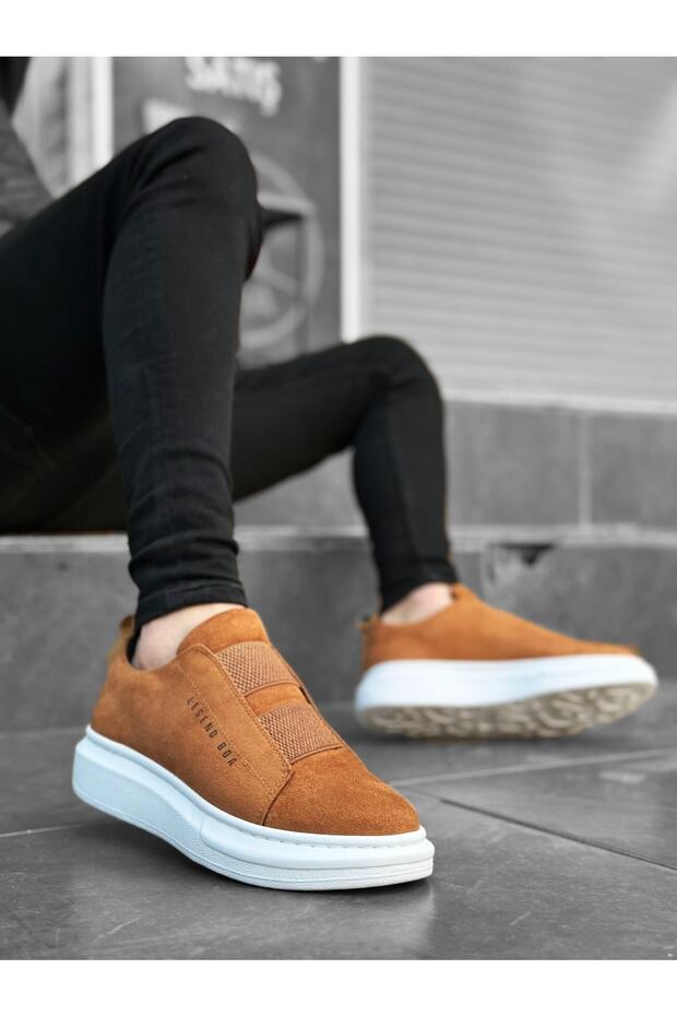 Men's Suede Tan White Sports Durable Casual Shoes High Thick Sole Tape Sneaker