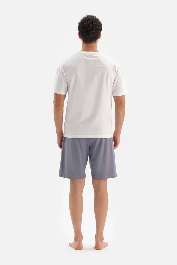 Ekru Oversize Bis Yaka Baskılı Şort Pijama Takımı - 2