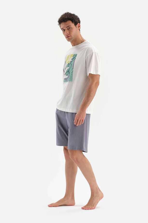 Ekru Oversize Bis Yaka Baskılı Şort Pijama Takımı - 3