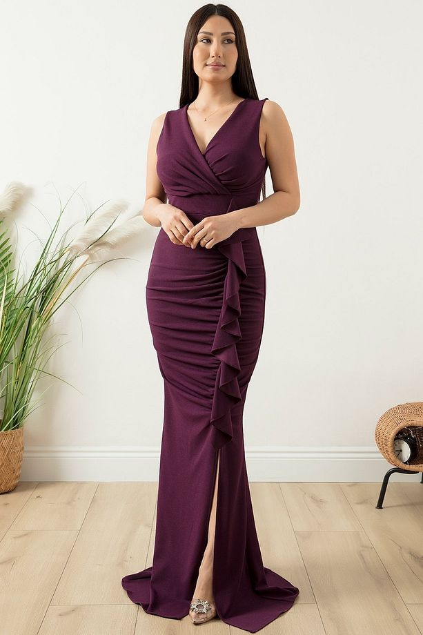 Sıfır Kol Drape Detaylı Uzun Elbise 13421 - 6