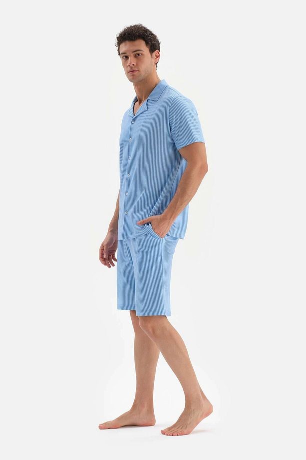 Mavi Gömlek Yaka Metraj Baskılı Şort Pijama Takımı - 3