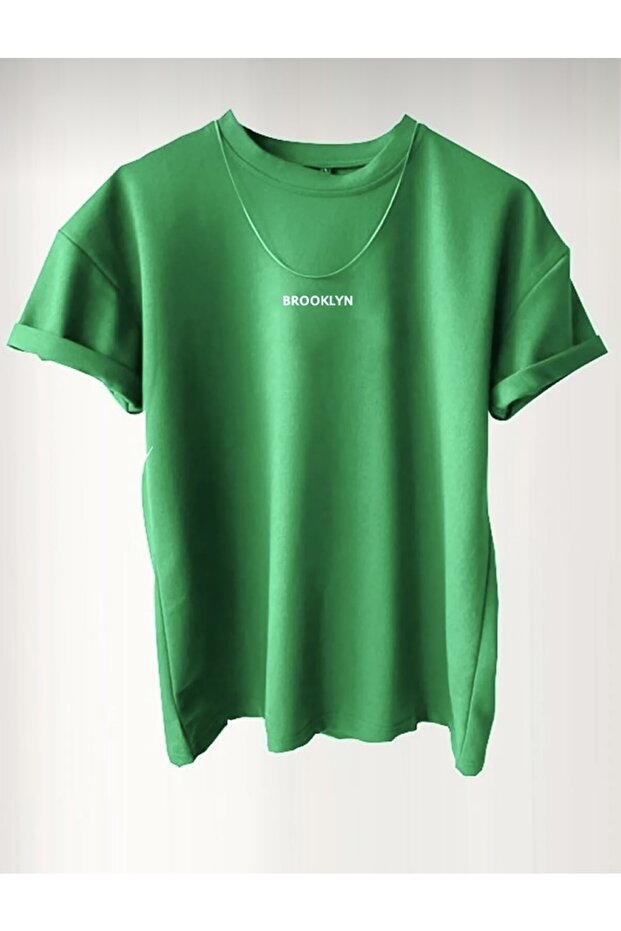 Unisex Green Brooklyn Printed Crew Neck Oversize T-Shirt