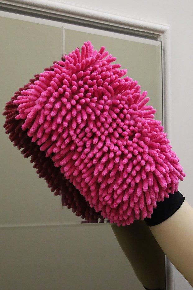 1Pc Pink Pasta Microfiber Cleaning Double Sides Glove Mop And Car Washing Drying Glove Mop