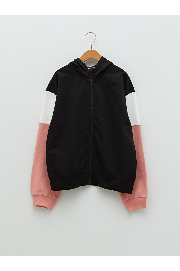 Kapüşonlu Renk Bloklu Uzun Kollu Kız Çocuk Fermuarlı Sweatshirt - 1