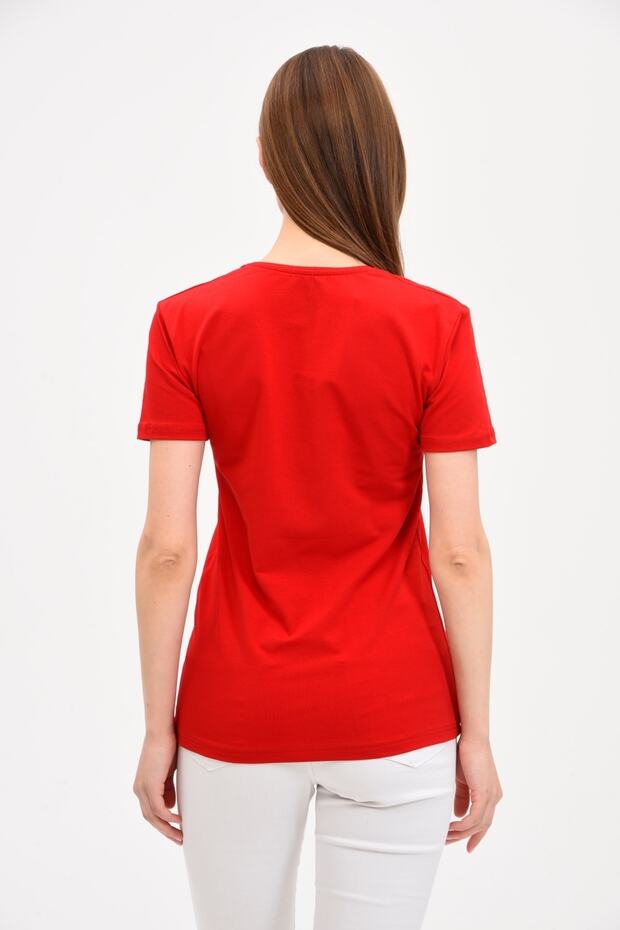 Kadın V Yaka Basic Kırmızı Tişört - 4