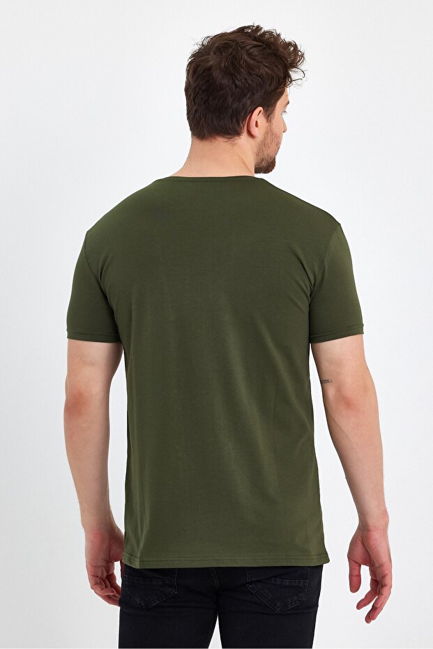 Erkek Bisiklet Yaka Basic Haki Tişört - 4