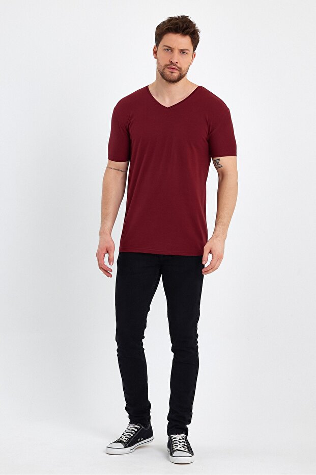 Erkek V Yaka Basic Bordo Tişört - 2
