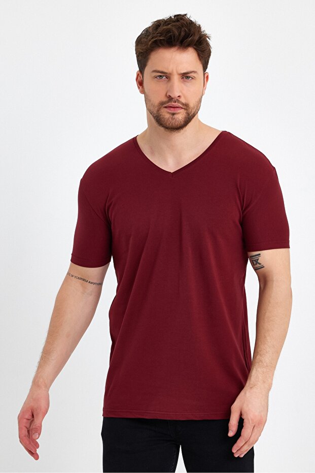 Erkek V Yaka Basic Bordo Tişört - 3