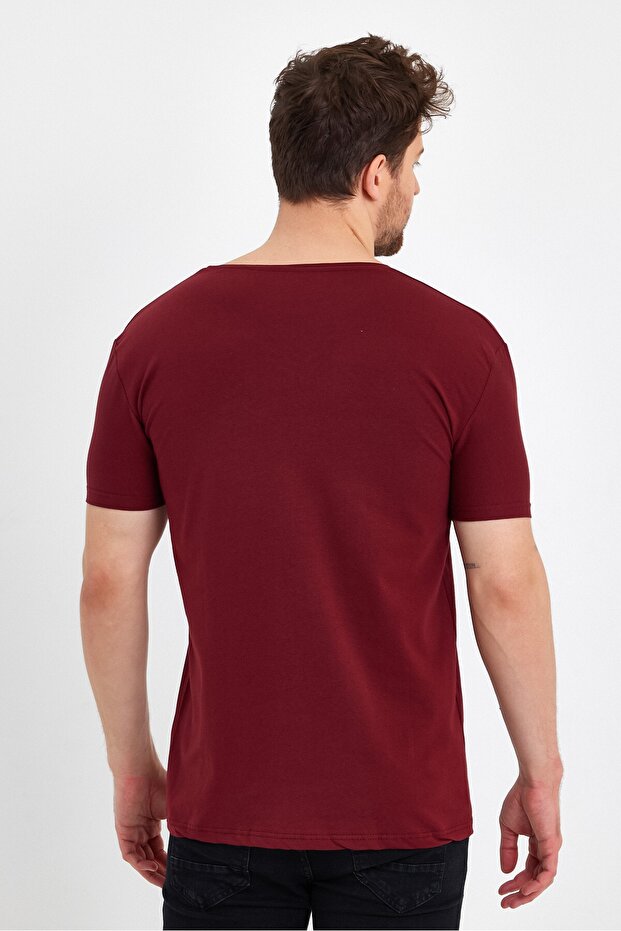 Erkek V Yaka Basic Bordo Tişört - 4