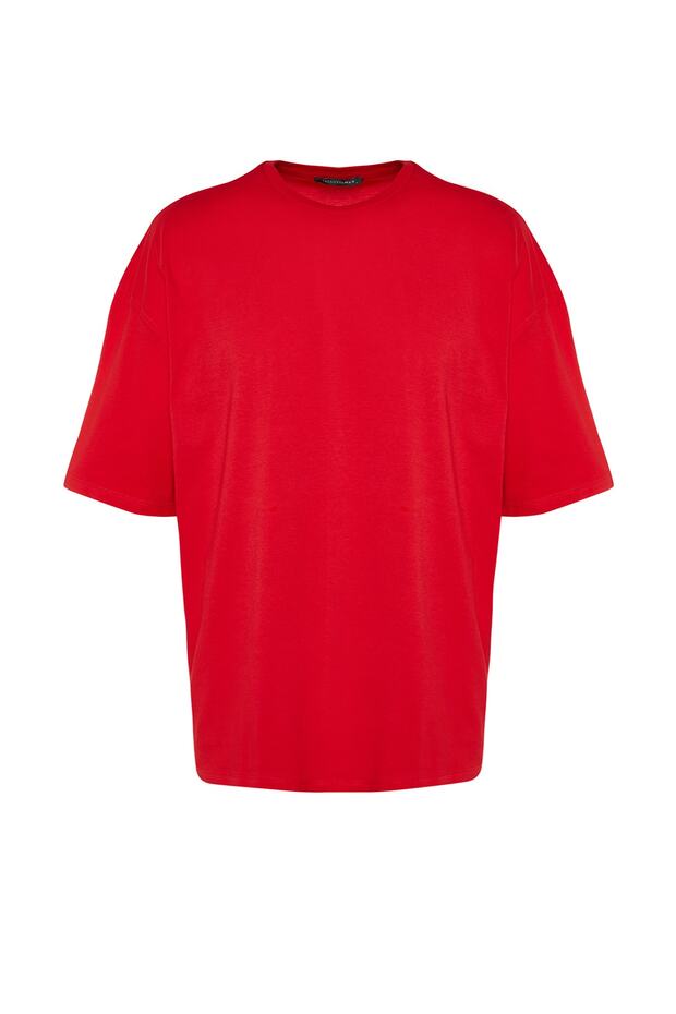 Kırmızı Basic %100 Pamuklu Bisiklet Yaka Oversize/Geniş Kesim Kısa Kollu T-Shirt TMNSS22TS0318 - 6