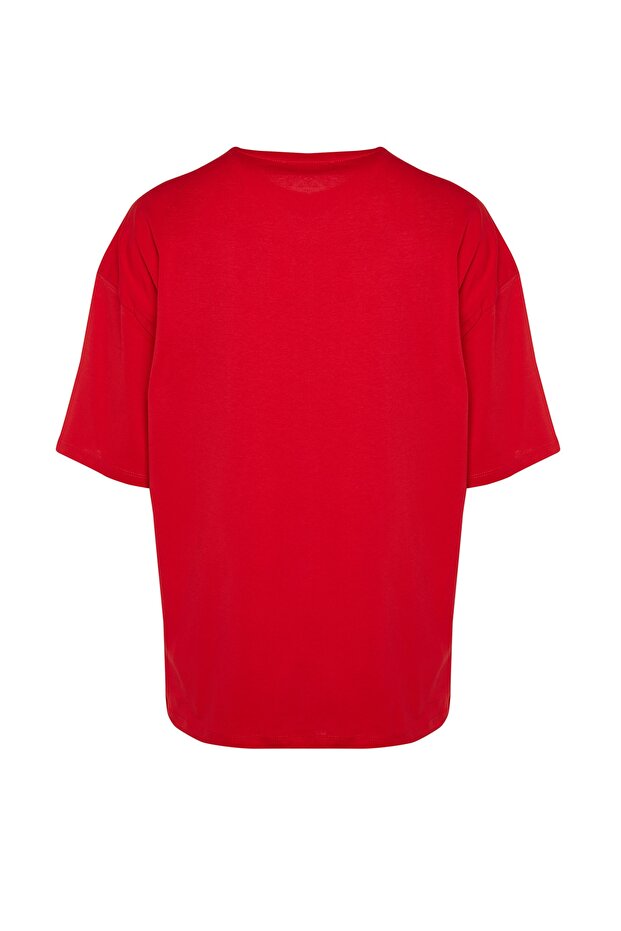 Kırmızı Basic %100 Pamuklu Bisiklet Yaka Oversize/Geniş Kesim Kısa Kollu T-Shirt TMNSS22TS0318 - 7