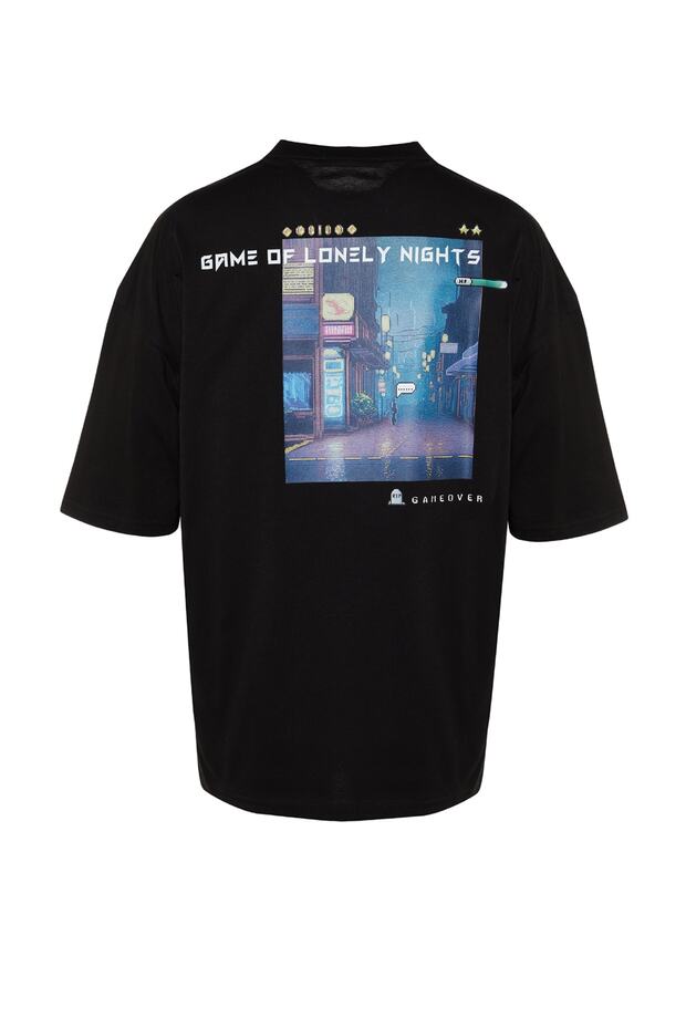 Siyah Oversize/Geniş Kesim Kısa Kol Game Over Sırt Baskılı %100 Pamuk T-Shirt TMNSS23TS00247 - 7