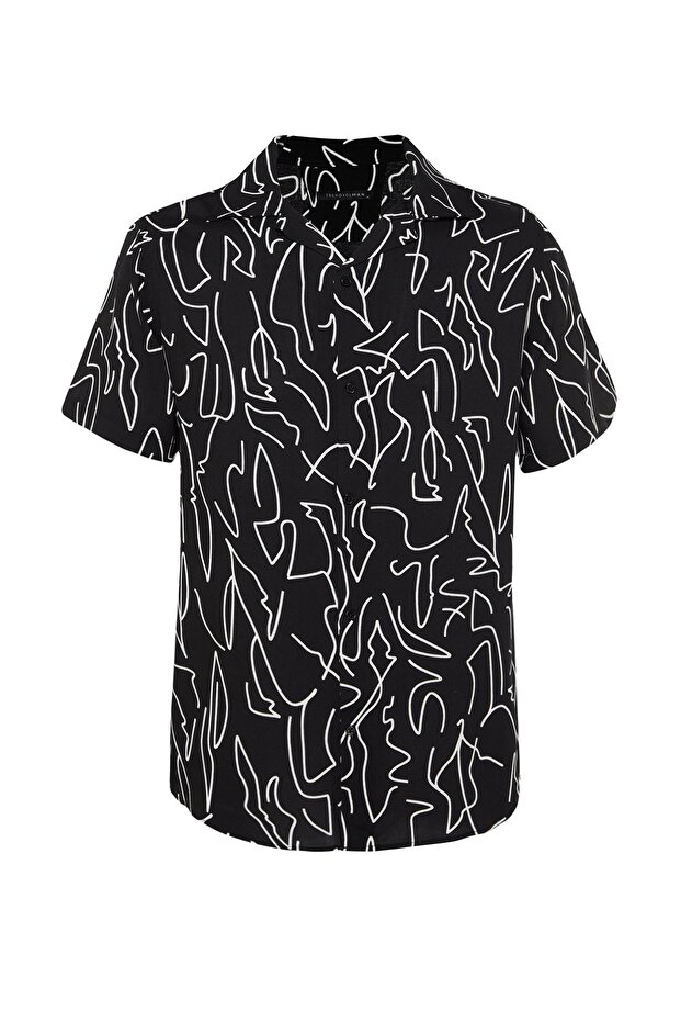 Siyah Regular Fit Apaş Yaka Kısa Kol Dökümlü Geometrik Yazlık Gömlek TMNSS20GO0577 - 6
