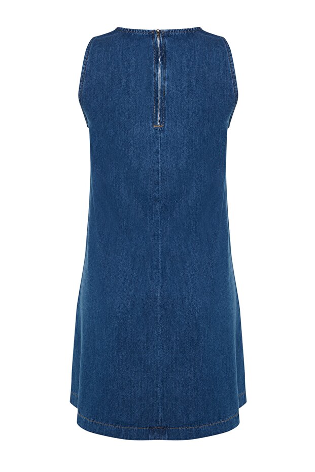 Koyu Mavi Volanlı Oversize Mini Denim Elbise TWOSS23EL01942 - 7