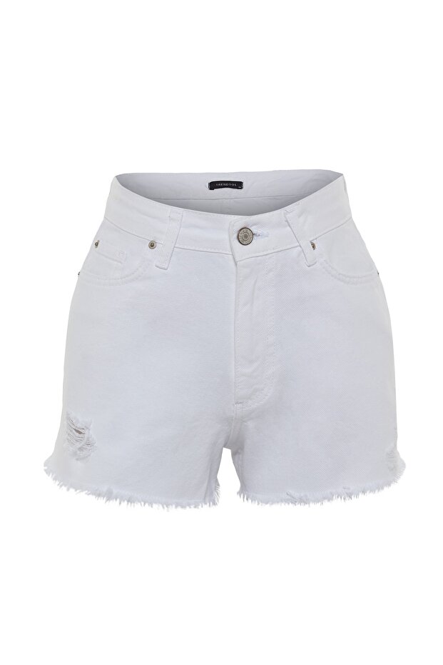 Beyaz Yırtıklı Normal Bel Mini Denim Şort TWOSS23SR00154 - 10