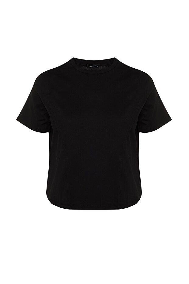 Siyah Bisiklet Yaka Dikiş Detaylı %100 Pamuk Örme Crop T-Shirt TBBSS23BF00037 - 8