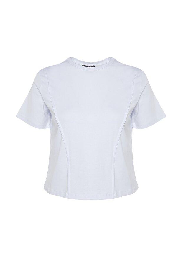 Beyaz Regular Bisiklet Yaka Dikiş Detaylı %100 Pamuk Örme Crop Büyük Beden T-Shirt TBBSS23BF00037 - 5