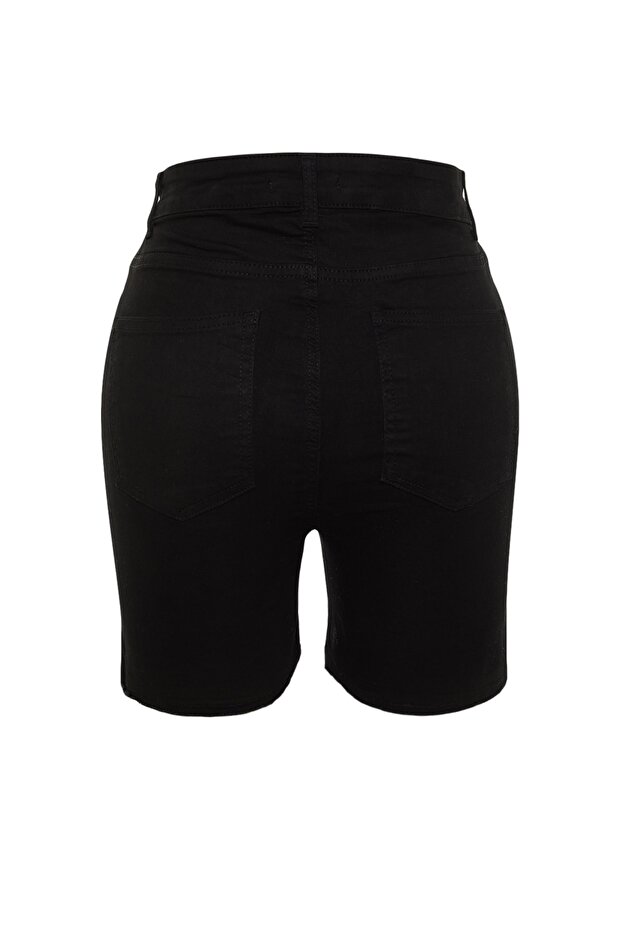 Siyah Yüksek Bel Esnek Skinny Fit Yanları Yırtmaçlı Büyük Beden Denim Şort & Bermuda TBBSS23AP00009 - 8