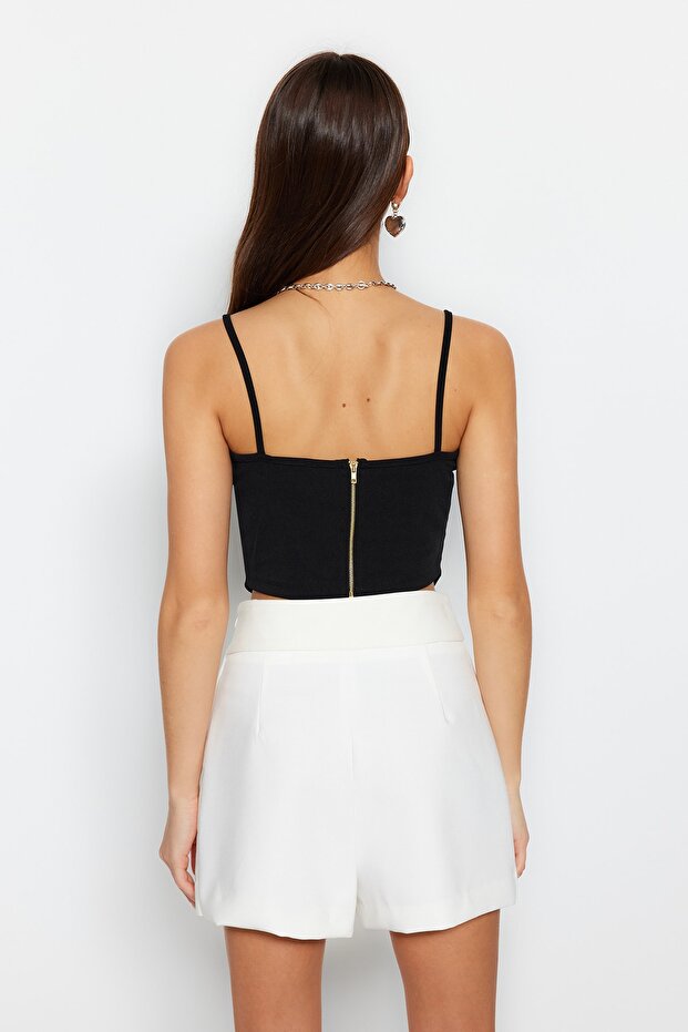 Siyah Fitted/Vücuda Oturan Crop Ayarlanabilir Askılı Krep Örme Büstiyer TWOSS23BS00036 - 6