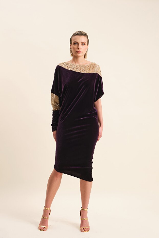 Işlemeli Kadife Abiye Elbise - 1