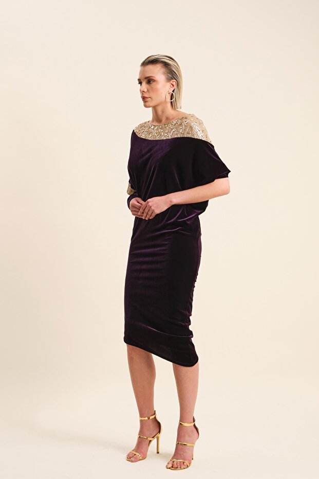 Işlemeli Kadife Abiye Elbise - 3