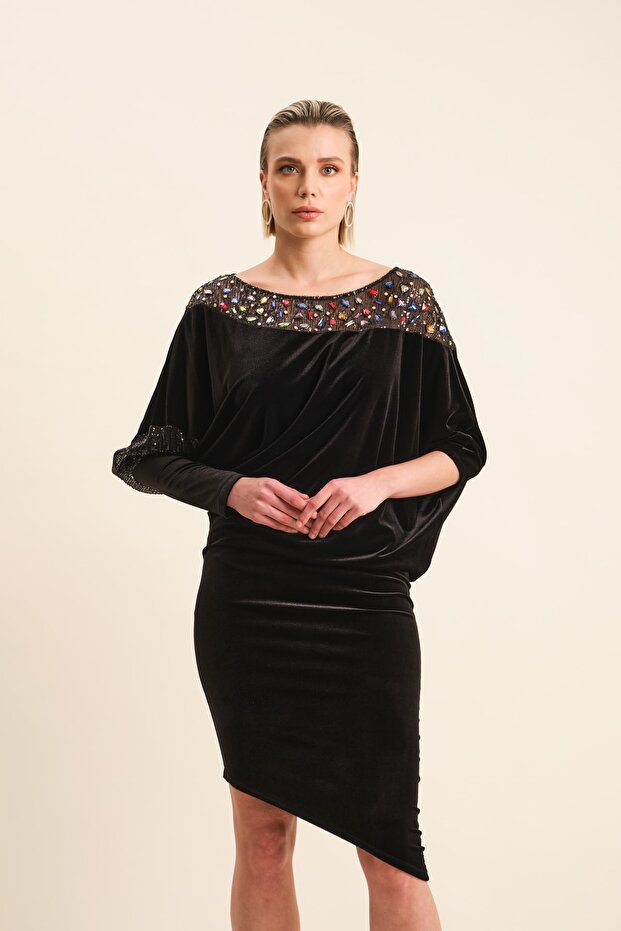 Işlemeli Kadife Abiye Elbise - 3