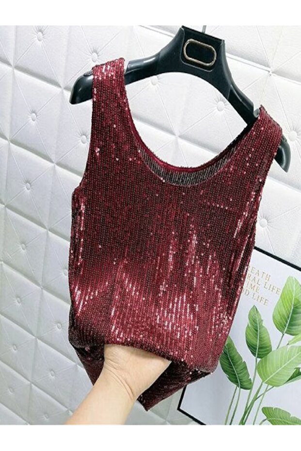 Bordo Parlak Payetli Bluz - 1