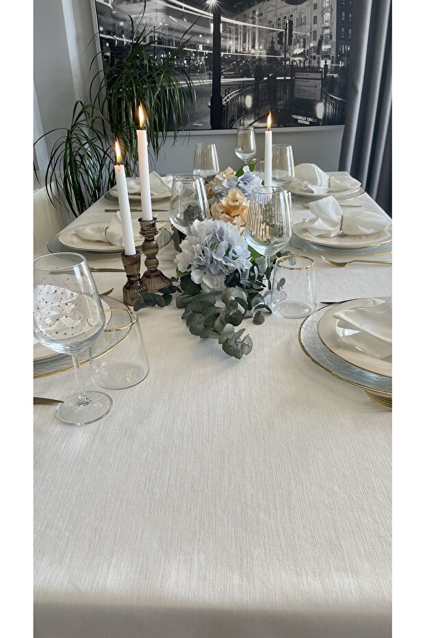 Linen Textured White Tablecloth - 5