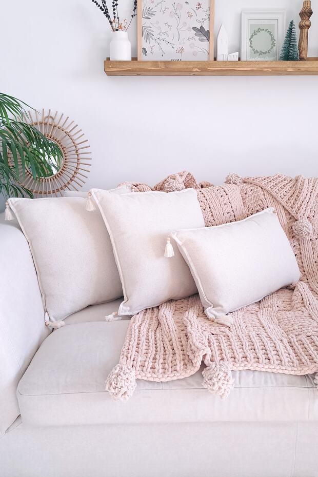 3 Pieces - 2 Square & 1 Upright Handmade Natural Linen Authentic Organic Cotton Tasseled Throw Pillow Cover