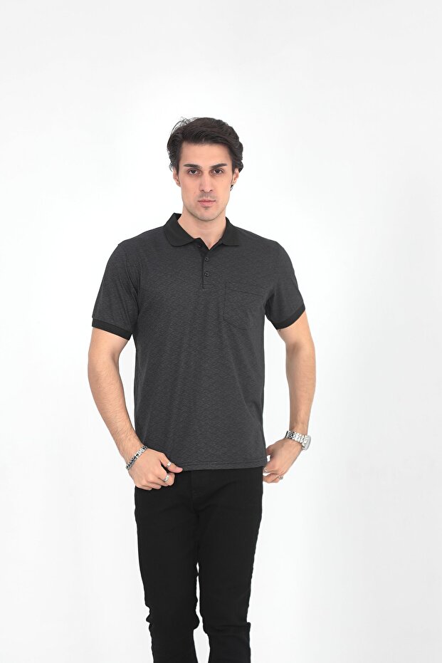 Dad Polo Neck Round Line Patterned T-Shirt with 3 Buttons on the Collar