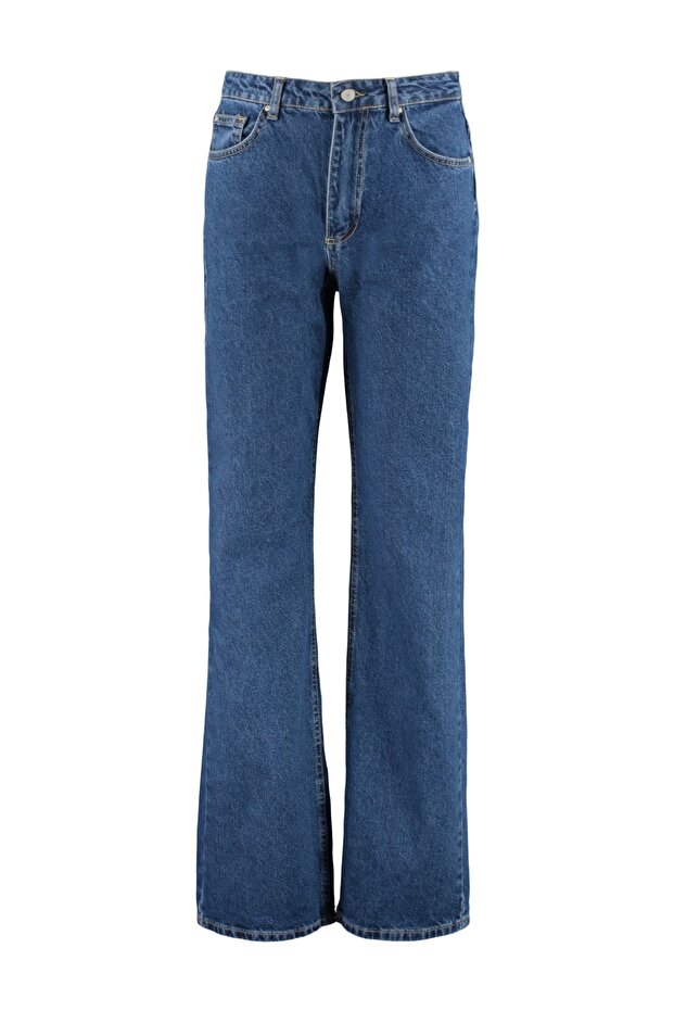 Koyu Mavi Yüksek Bel Wide Leg Geniş Paça %100 Pamuk Non-Stretch Jeans TWOSS23JE00068 - 5