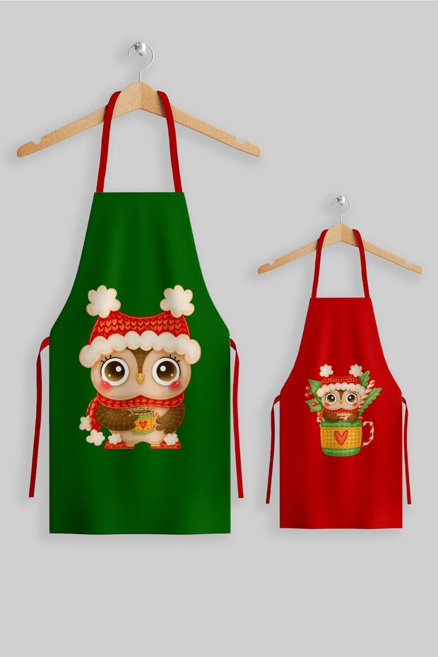 Ays Home Mother Child New Year Green Red Kitchen Apron Set