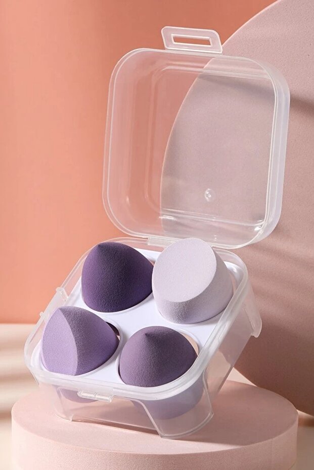 H&E LUXURY DESIGN Lila Tonları 4'lü Plastik Kutulu Armut Makyaj Sünger Seti