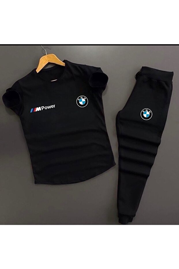 Unisex Black Bmw Printed Slim Fit T-Shirt - Black Slim Fit Sweatpants Combination Bottom Top Set 2-Piece