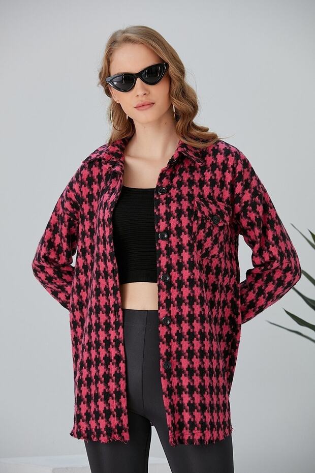 Women's Large Houndstooth Lumberjack Oversize Tunic Oversized Hem Tasseled Jacket Shirt