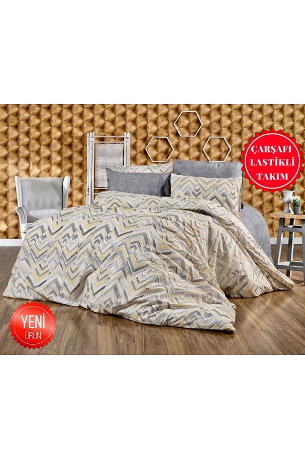 Genç Odası Ve Çocuk Odası Sarı Gri Zigzag Desen Tek Kişilik Nevresim Takımı Çarşafı Lastikli 100x200 - 1