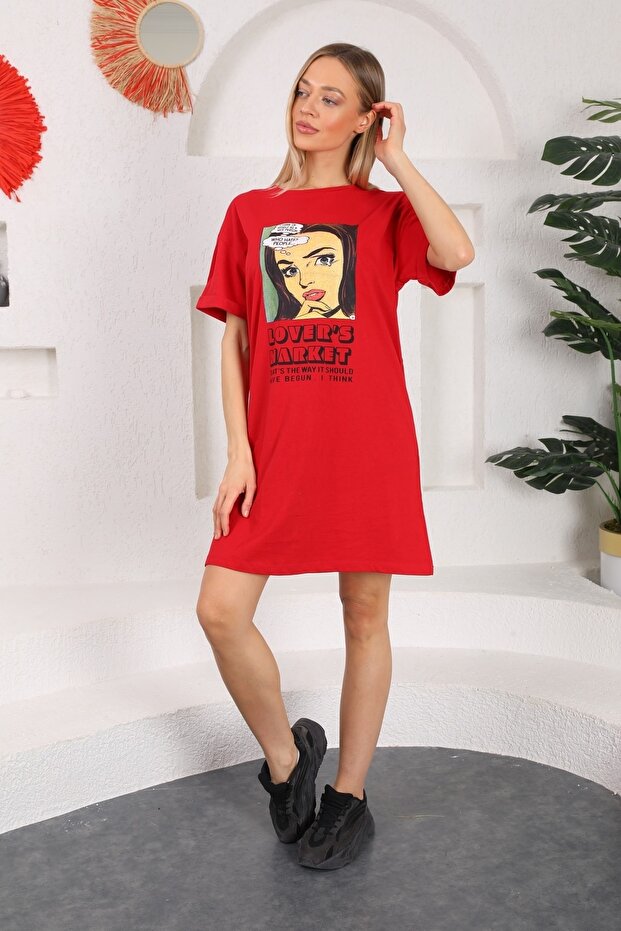 Baskılı Uzun Elbise Tunik Kırmızı - 3