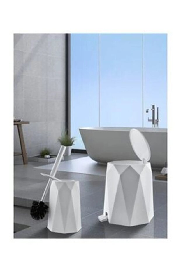White Bathroom Set of 2 Plastic 5 L Trash Can and Toilet Brush