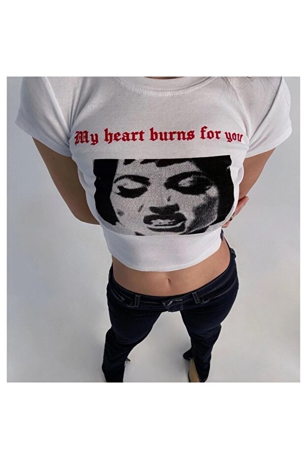 My Heart Burns For You Patterned White Color Printed Crop Blouse Women's T-Shirt