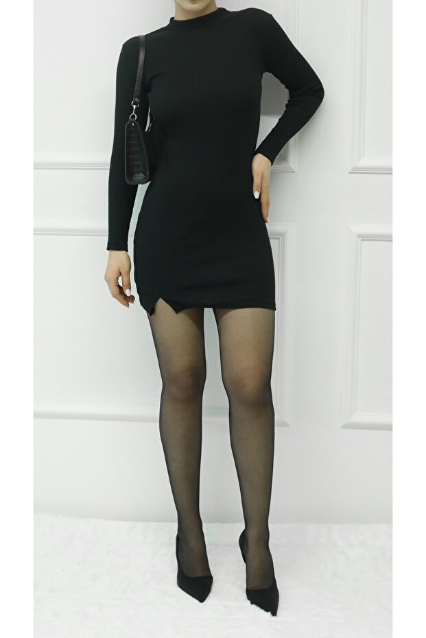 Yırtmaçlı Kalem Mini Elbise - 1