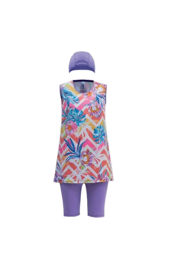 Children's Red Patterned O Sleeve Flexible and Quick-Drying Fabric Semi-Hijab Swimsuit