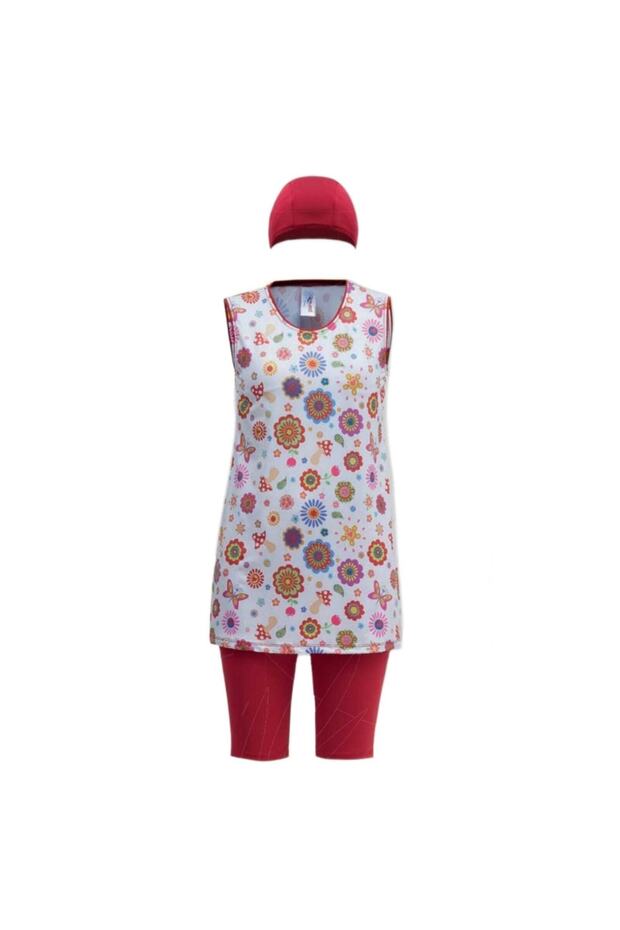 Children's Red Patterned O Sleeve Flexible and Quick-Drying Fabric Semi-Hijab Swimsuit