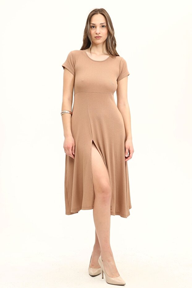 Açık Kahve Belden Oturma Eteği Yırtmaçlı Salaş Elbise - 7