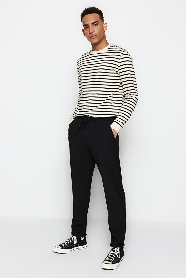 Siyah Beli Lastikli Slim Fit Duble Paça Kumaş Pantolon TMNAW21PL0107 - 5