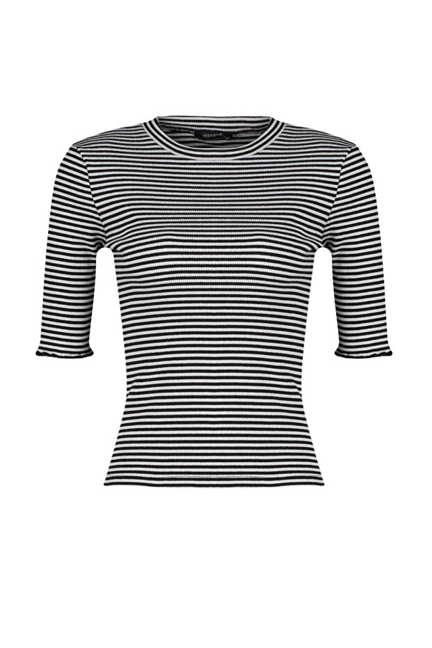Siyah-Beyaz Çizgili Fitilli Fitted/Vücuda Oturan Bisiklet Yaka Esnek Örme Bluz TWOSS23BZ00025 - 7